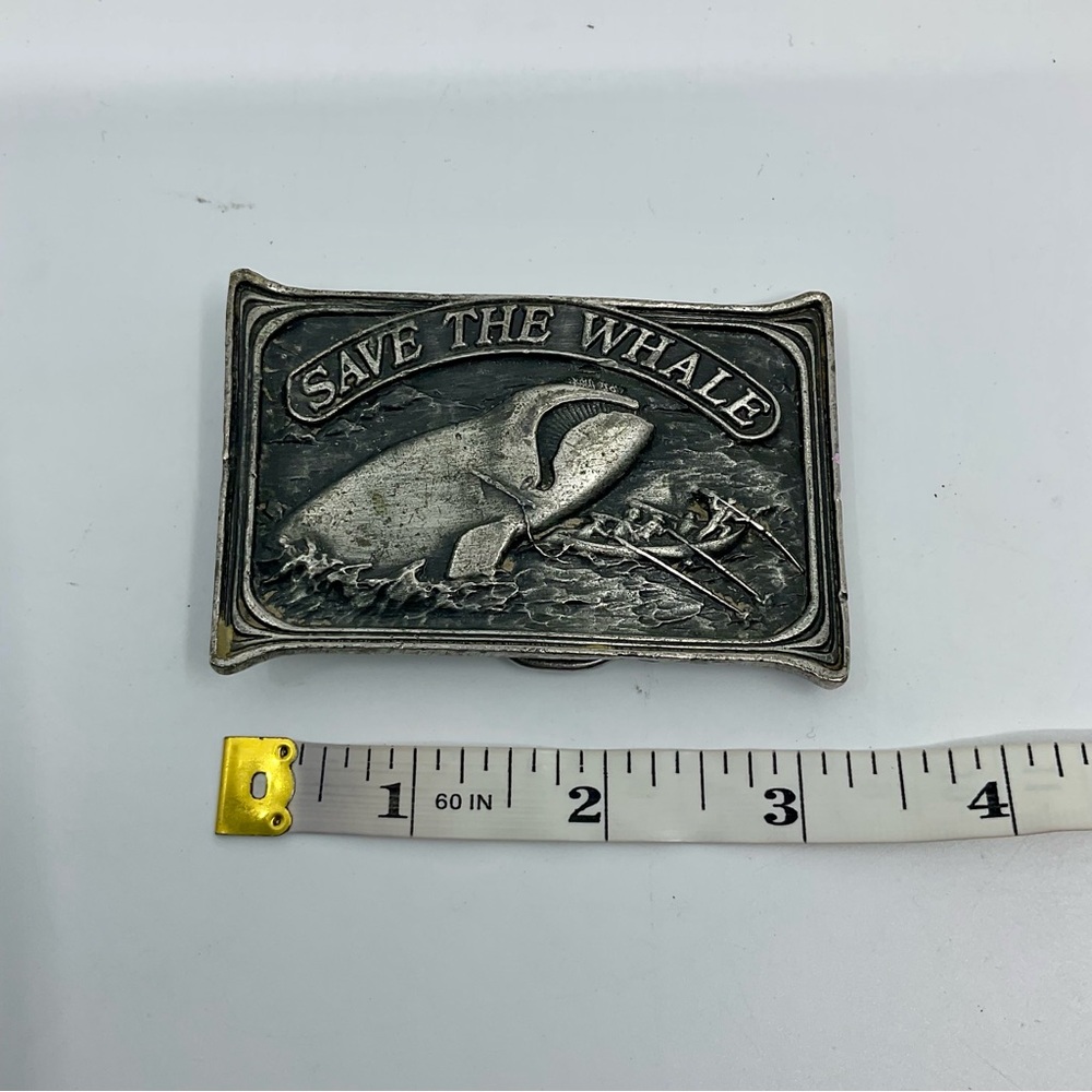 Vintage 70s Bergamot Brass Works Save the Whale Pewter Belt Buckle - Picture 3 of 6